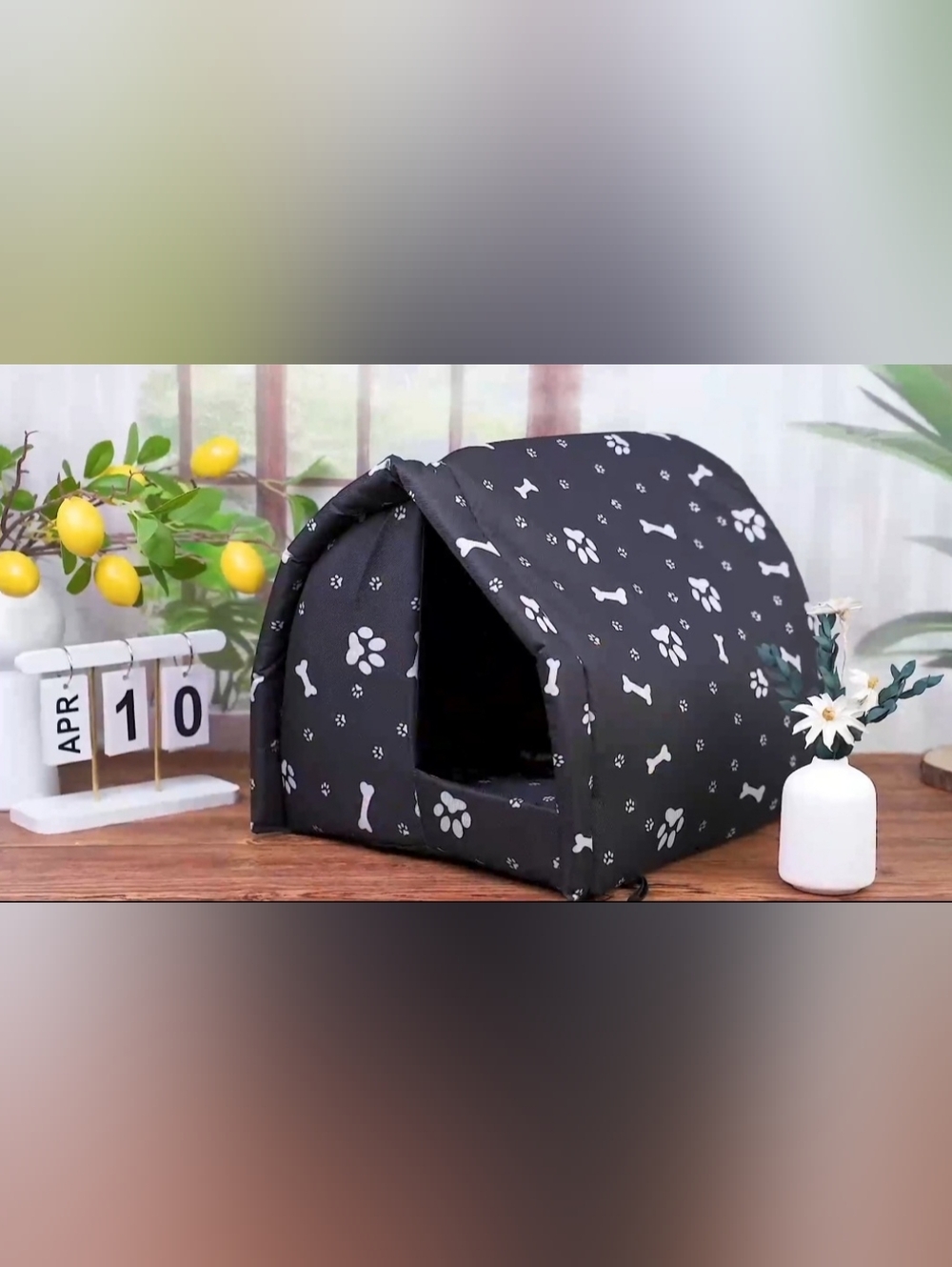 Black Paw Print Pet Cave Bed